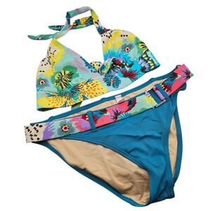 Victorias Secret Womens Sz L Bikini Swimsuit Set Halter Top Bright Floral Print